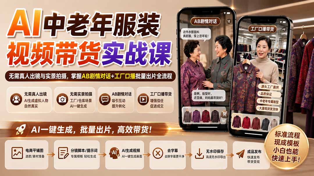 AI中老年服装视频带货实战课:无需真人出镜与实景拍摄,掌握AB剧情对话+工厂口播批量出片全流程-橙心云网创