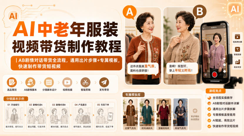 AI中老年服装视频带货制作教程｜AB剧情对话带货全流程，通用出片步骤+专属模板，快速制作带货短视频-橙心云网创