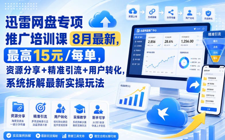 迅雷网盘专项推广培训课8月最新,最高15米/每单,资源分享+精准引流+用户转化,系统拆解最新实操玩法(更新0903)-橙心云网创