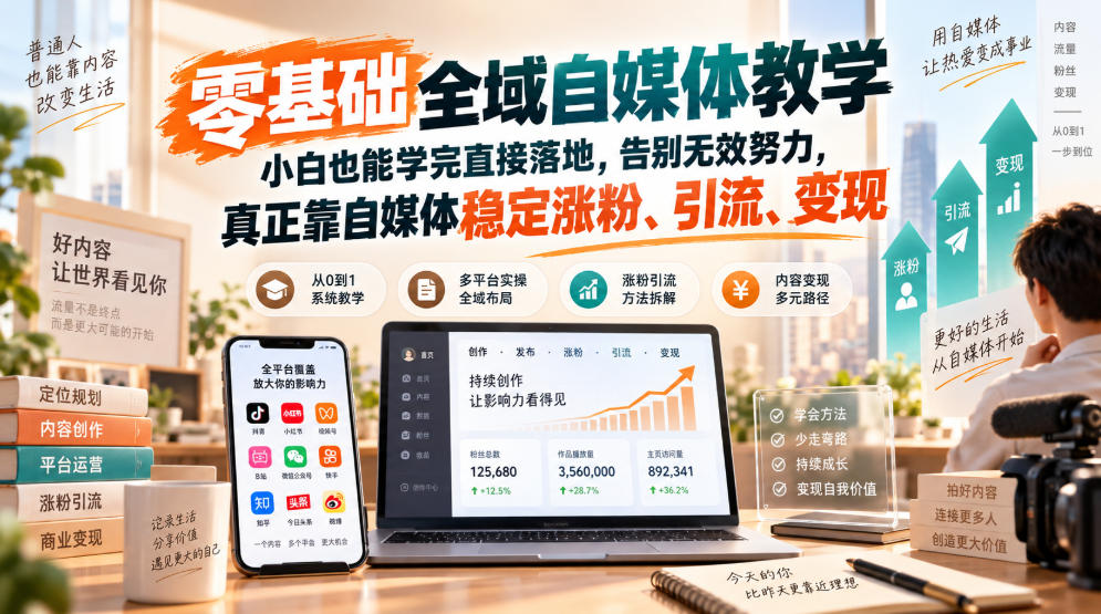 零基础全域自媒体教学,小白也能学完直接落地,告别无效努力,真正靠自媒体稳定涨粉、引流、变现-橙心云网创