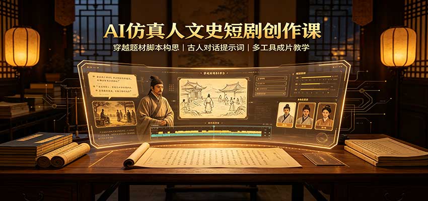 AI仿真人文史短剧创作课:穿越题材脚本构思,古人对话提示词,多工具成片教学-橙心云网创