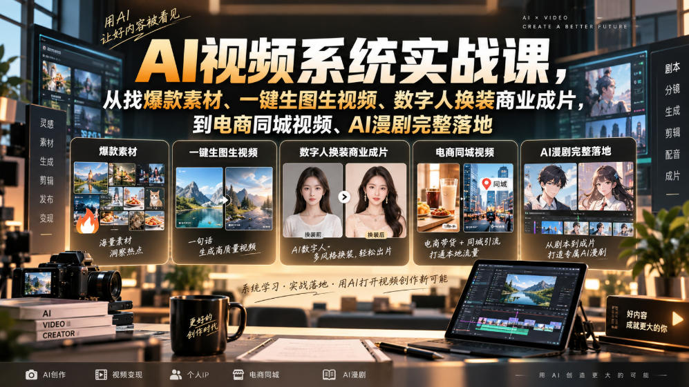 AI视频系统实战课，从找爆款素材、一键生图生视频、数字人换装商业成片，到电商同城视频、AI漫剧完整落地-橙心云网创