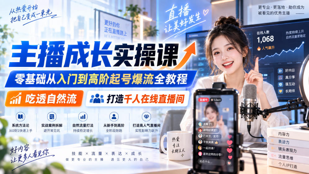主播成长实操课|零基础从入门到高阶起号爆流全教程,吃透自然流,打造千人在线直播间-橙心云网创