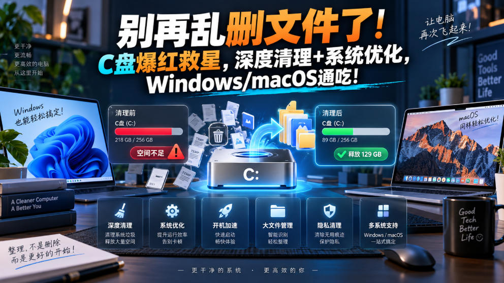 别再乱删文件了！C盘爆红救星，深度清理+系统优化，Windows/macOS通吃！-橙心云网创