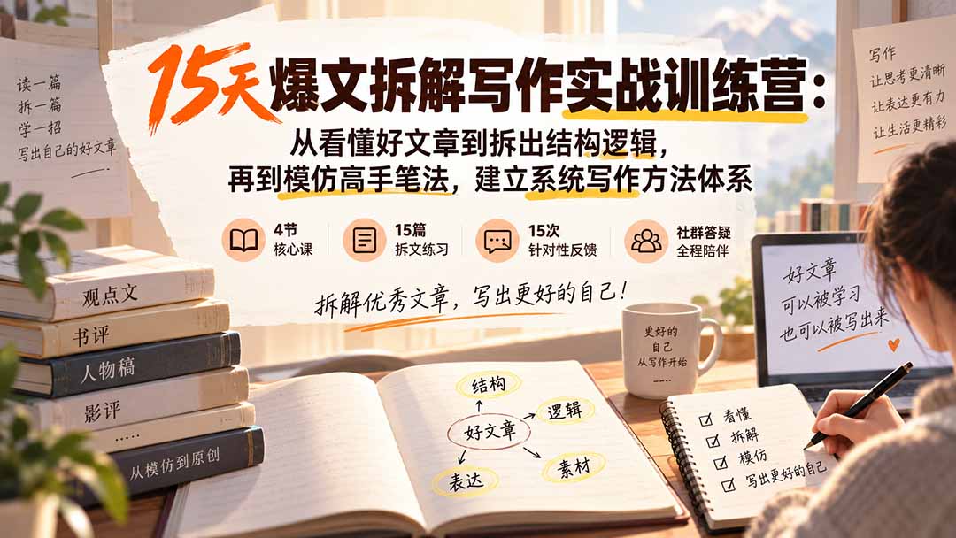 15天爆文拆解写作实战训练营：从看懂好文章到拆出结构逻辑，再到模仿高手笔法，建立系统写作方法体系-橙心云网创