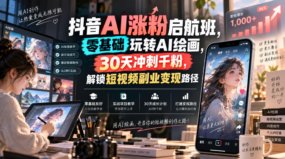 抖音AI涨粉启航班，零基础玩转AI绘画，30天冲刺千粉，解锁短视频副业变现路径-橙心云网创