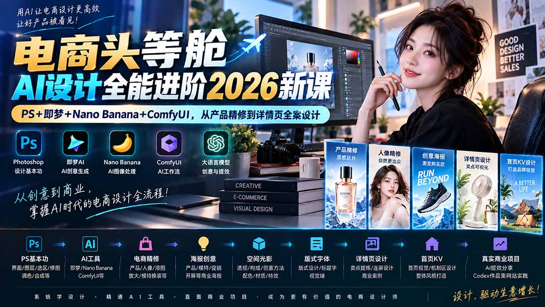 电商头等舱AI设计全能进阶2026新课：PS+即梦+Nano Banana+ComfyUI，从产品精修到详情页全案设计-橙心云网创