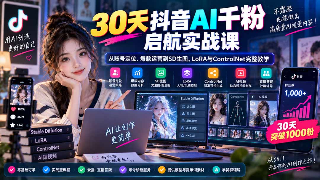 30天抖音AI千粉启航实战课:从账号定位、爆款运营到SD生图、LoRA与ControlNet完整教学-橙心云网创