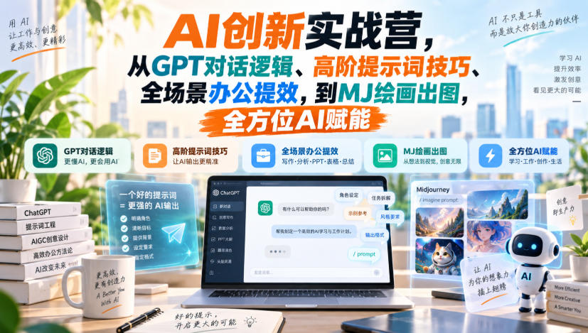 AI创新实战营，从GPT对话逻辑、高阶提示词技巧、全场景办公提效，到MJ绘画出图，全方位AI赋能-橙心云网创