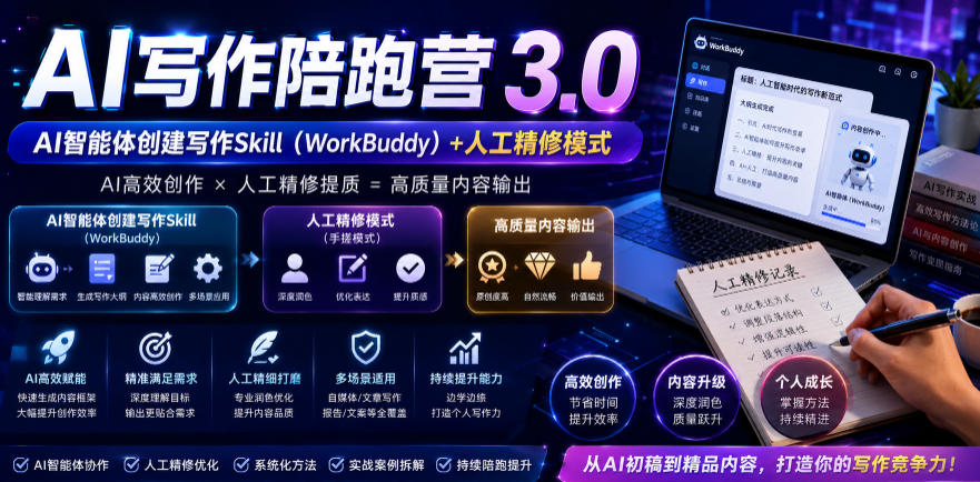 AI写作陪跑营3.0，Ai智能体创建写作skill(workbuddy)+人工手写模式(手搓模式)，去除AI痕迹(头条号、公众号、百家号)(更新0907)-橙心云网创