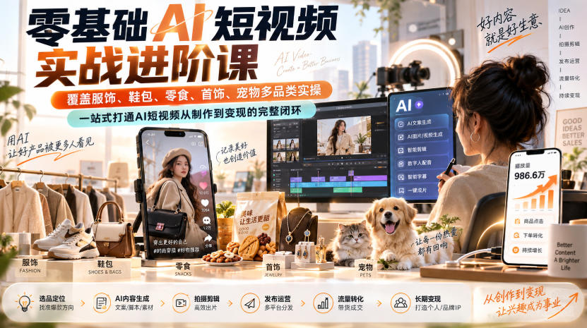 零基础AI短视频实战进阶课,覆盖服饰、鞋包、零食、首饰、宠物多品类实操,一站式打通AI短视频从制作到变现的完整闭环-橙心云网创