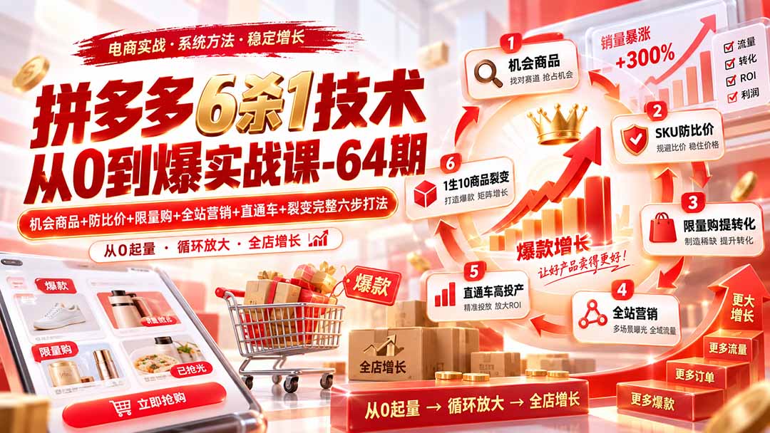 拼多多6杀1技术从0到爆实战课-64期：机会商品+防比价+限量购+全站营销+直通车+裂变完整六步打法-橙心云网创