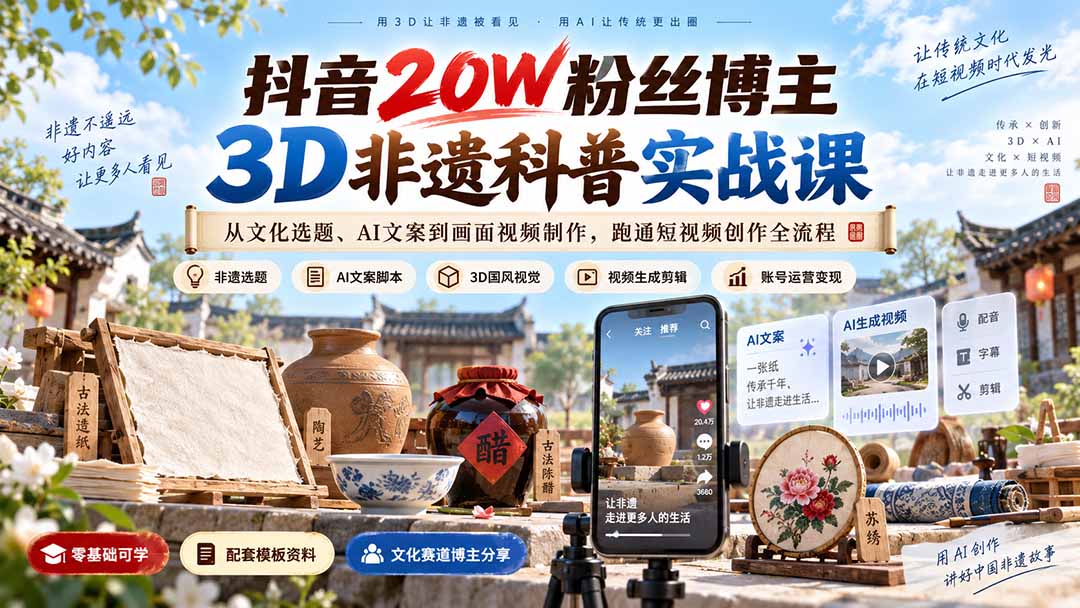 抖音20W粉丝博主3D非遗科普实战课:从文化选题、AI文案到画面视频制作,跑通短视频创作全流程-橙心云网创