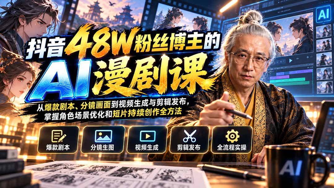 抖音48W粉丝博主的AI漫剧课:从爆款剧本、分镜画面到视频生成与剪辑发布,掌握角色场景优化和短片持续创作全方法-橙心云网创
