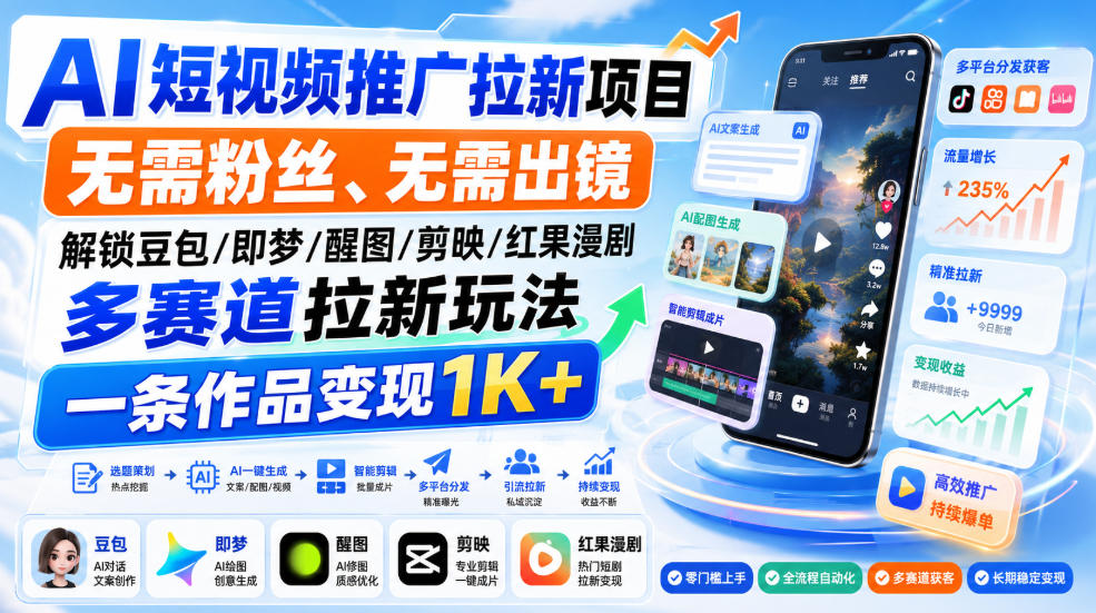 AI短视频推广拉新项目，无需粉丝、无需出镜，解锁豆包/即梦/醒图/剪映/红果漫剧多赛道拉新玩法，一条作品变现1K+(更新0910)-橙心云网创