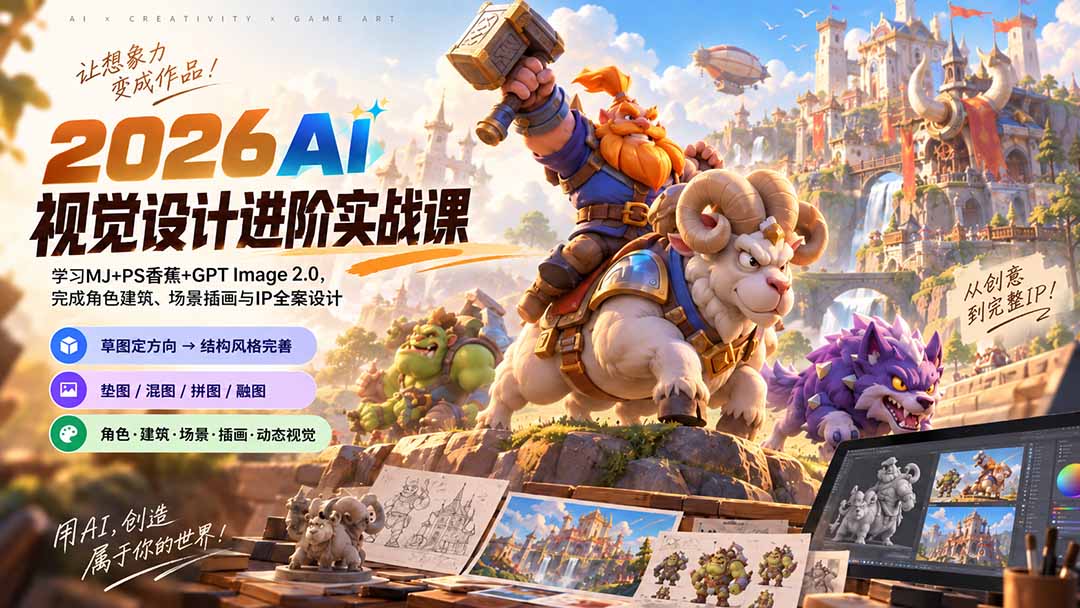 2026AI视觉设计进阶实战课-更新：学习MJ+PS香蕉+GPT Image 2.0，完成角色建筑、场景插画与IP全案设计-橙心云网创