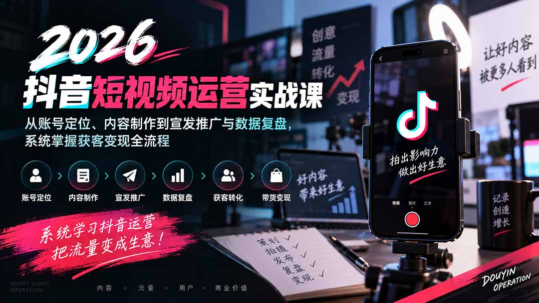 2026抖音短视频运营实战课：从账号定位、内容制作到宣发推广与数据复盘，系统掌握获客变现全流程-橙心云网创
