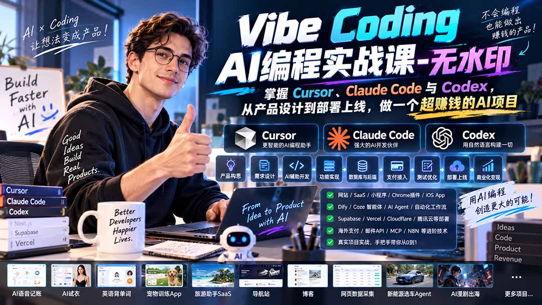 Vibe Coding AI编程实战课-无水印:掌握Cursor、Claude Code与Codex,从产品设计到部署上线,做一个超赚钱的AI项目-橙心云网创