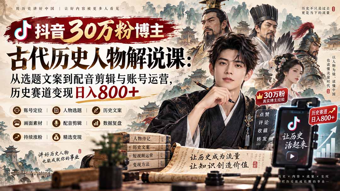 抖音30万粉博主古代历史人物解说课:从选题文案到配音剪辑与账号运营,历史赛道变现日入800+-橙心云网创