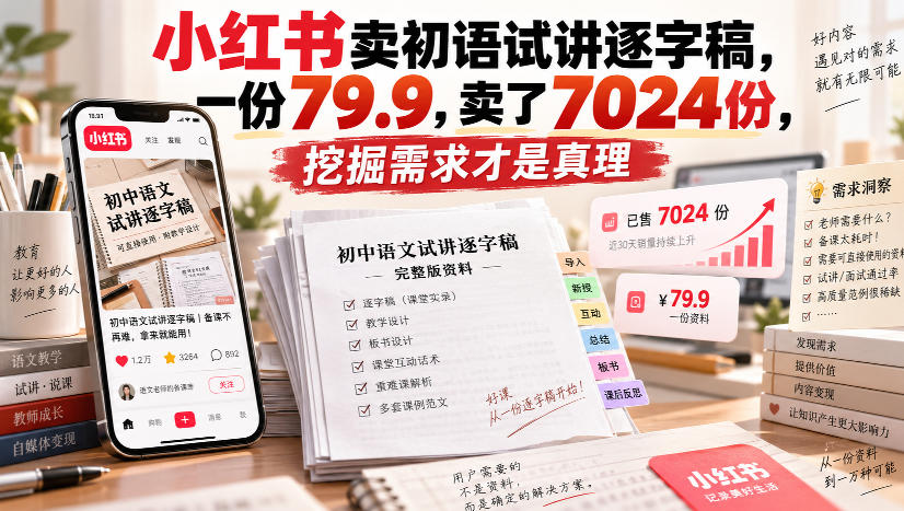 小红书卖初语试讲逐字稿,一份79.9,卖了7024份,挖掘需求才是真理-橙心云网创