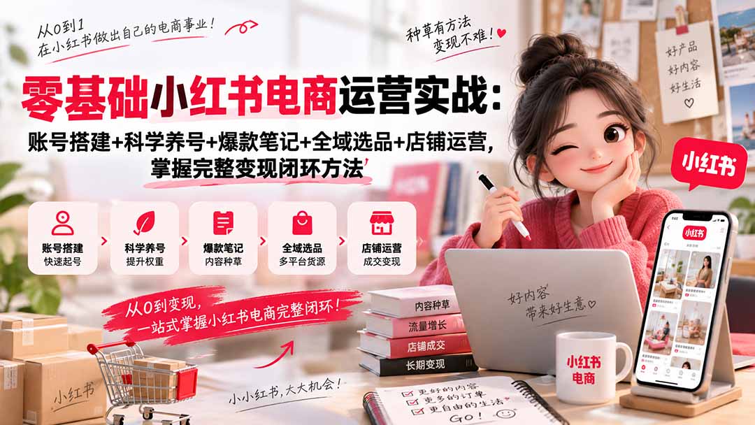 零基础小红书电商运营实战：账号搭建+科学养号+爆款笔记+全域选品+店铺运营，掌握完整变现闭环方法-橙心云网创