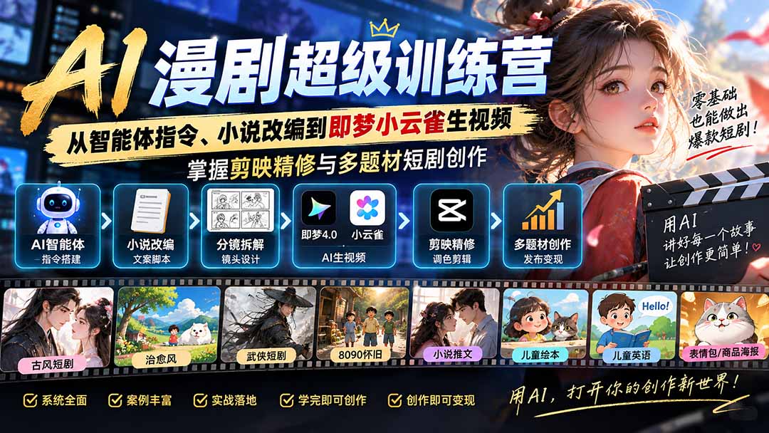 AI漫剧超级特训营：从智能体指令、小说改编到即梦小云雀生视频，掌握剪映精修与多题材短剧创作-橙心云网创