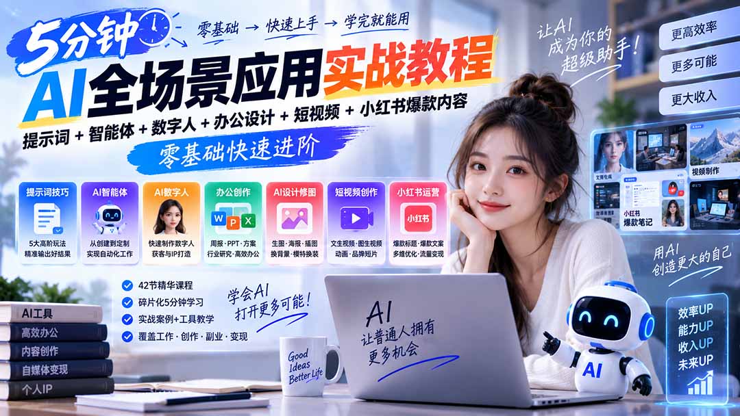 AI全场景应用实战教程｜提示词+智能体+数字人+办公设计+短视频+小红书爆款内容，零基础快速进阶-橙心云网创