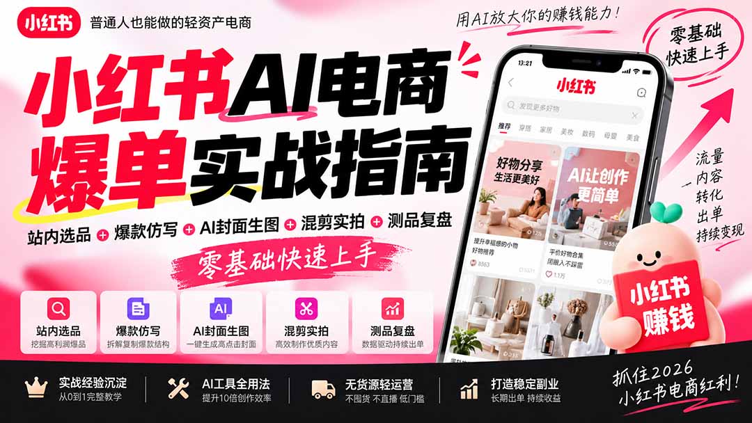 2026小红书AI电商爆单实战指南：站内选品+爆款仿写+AI封面生图+混剪实拍+测品复盘，零基础快速上手-橙心云网创