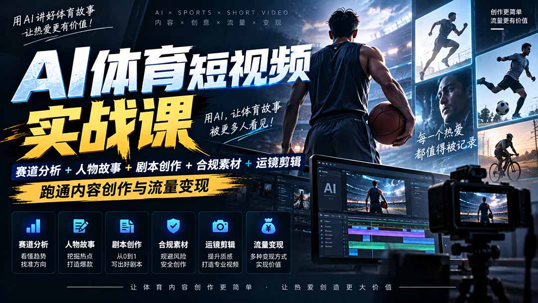 AI体育短视频赛道顶级玩法｜赛道分析+人物故事+剧本创作+版权处理+运镜剪辑，跑通流量变现-日赚1K+-橙心云网创