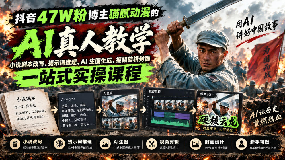 抖音47W粉博主猫腻动漫的AI真人漫剧教学，小说剧本改写、提示词推理、AI生图生成、视频剪辑封面一站式实操课程-橙心云网创