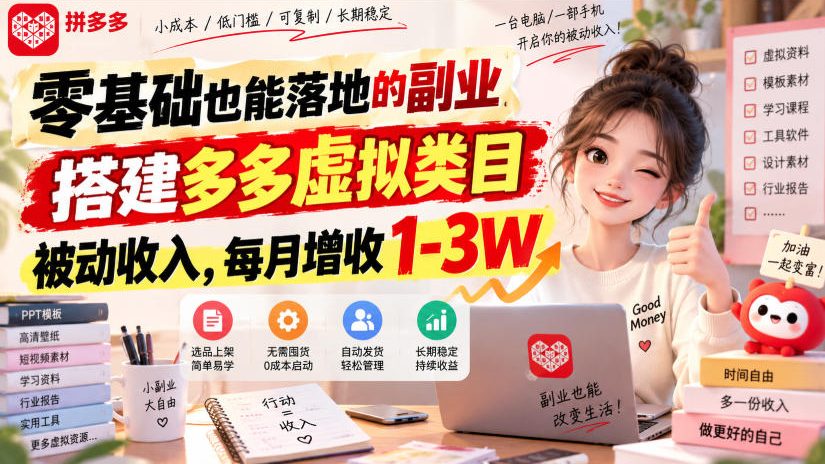 零基础也能落地的副业，搭建多多虚拟类目被动收入，每月增收1-3W【揭秘】-橙心云网创