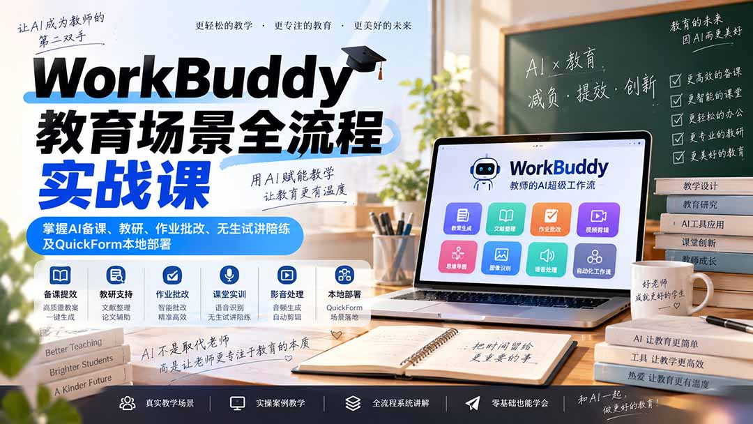 WorkBuddy教育场景全流程实战课：掌握AI备课、教研、作业批改、无生试讲陪练及QuickForm本地部署-橙心云网创