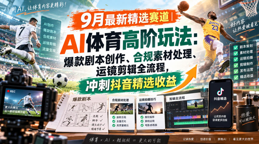 某大佬的9月最新精选赛道之AI体育顶级玩法，爆款剧本创作、版权规避、运镜剪辑全流程，稳拿抖音精选收益-橙心云网创