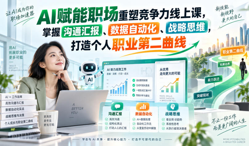 AI赋能职场重塑竞争力线上课,掌握沟通汇报、数据自动化、战略思维,打造个人职业第二曲线-橙心云网创