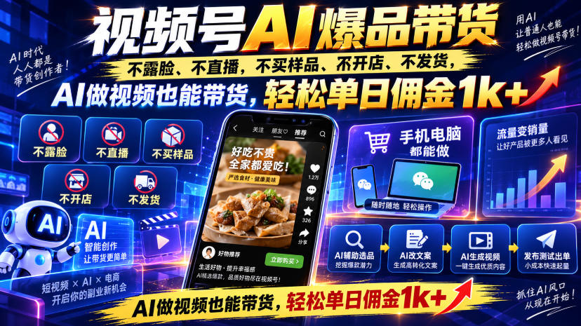视频号Ai爆品带货，不露脸、不直播、不买样品、不开店、不发货，AI做视频也能带货，轻松单日佣金1k+-橙心云网创
