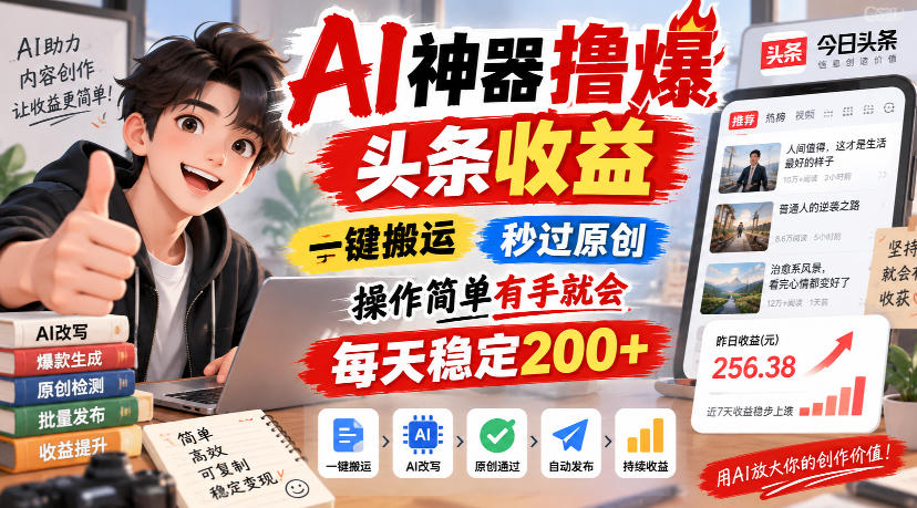 AI神器撸爆头条收益，一键搬运，秒过原创，操作简单有手就会，每天稳定200+【揭秘】-橙心云网创