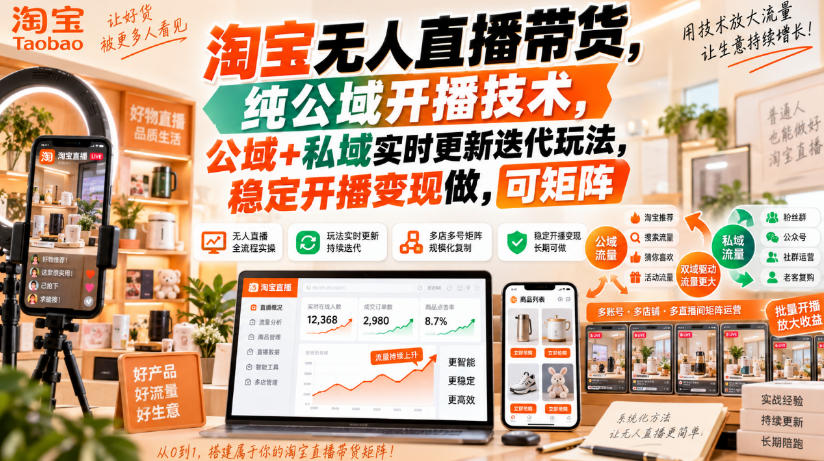 淘宝无人直播带货，纯公域开播技术，公域+私域实时更新迭代玩法，稳定开播变现做，可矩阵【揭秘】-橙心云网创