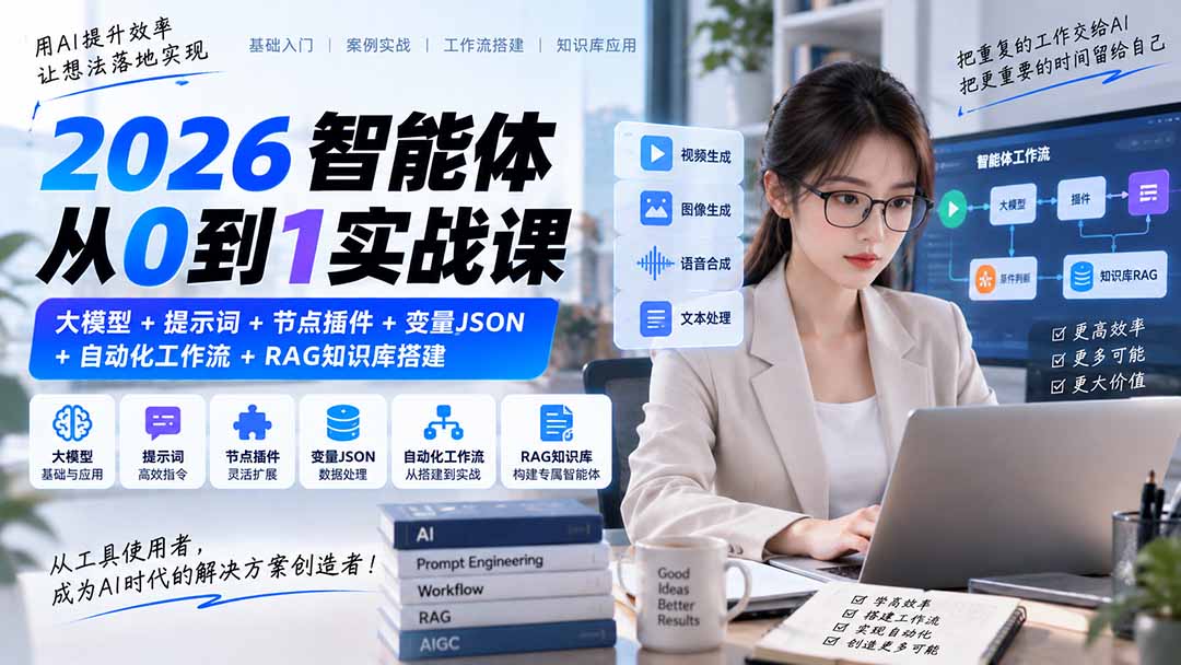 2026智能体从0到1实战课｜大模型+提示词+节点插件+变量JSON+自动化工作流+RAG知识库搭建-橙心云网创