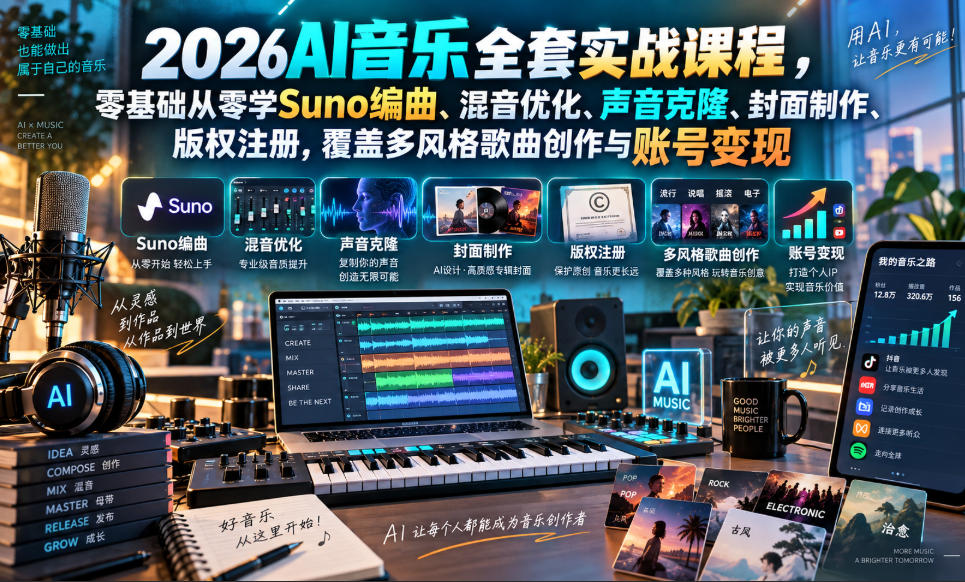 2026AI音乐实战课程，零基础从零学Suno编曲、混音优化、声音克隆、版权注册，覆盖多风格歌曲创作与账号变现-橙心云网创