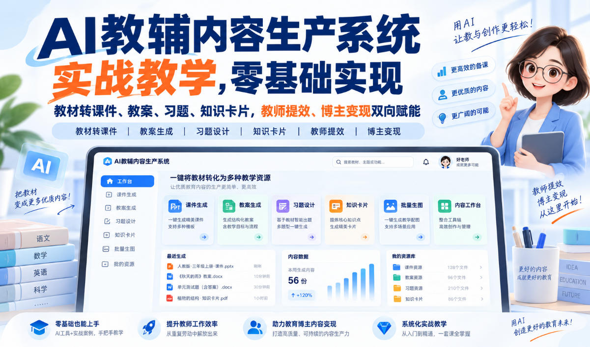 AI教辅内容生产系统实战教学，零基础实现教材转课件、教案、习题、知识卡片，教师提效、博主变现双向赋能-橙心云网创