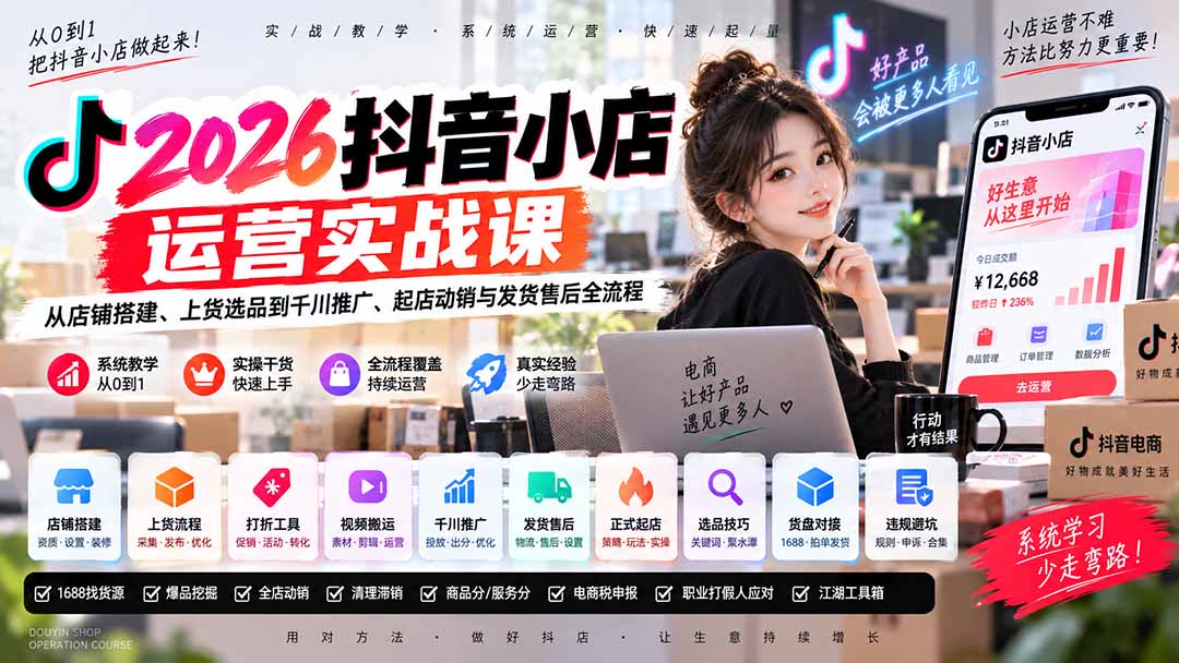 2026抖音小店运营实战课|从店铺搭建、上货选品到千川推广、起店动销与发货售后全流程-橙心云网创