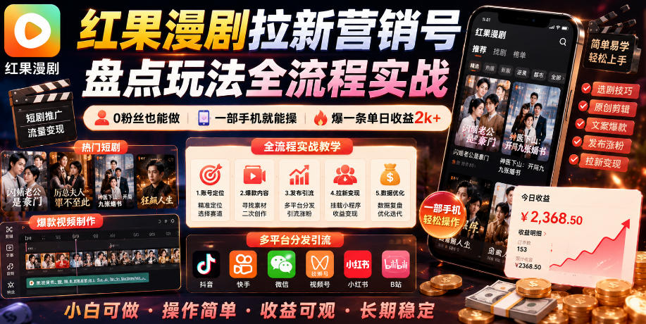 红果漫剧拉新营销号盘点玩法全流程实战,0粉丝也能做,一部手机就能做,爆一条单日收益2k+(更新0922)-橙心云网创