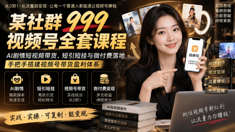 某社群999视频号全套课程,AI剧情短视频带货、短引短挂与微付费落地,手把手搭建视频号带货盈利体系-橙心云网创