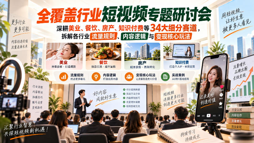 短视频专题研讨会,深耕美业、餐饮、房产、知识付费等34大细分赛道,拆解各行业流量规则、内容逻辑与变现核心玩法-橙心云网创