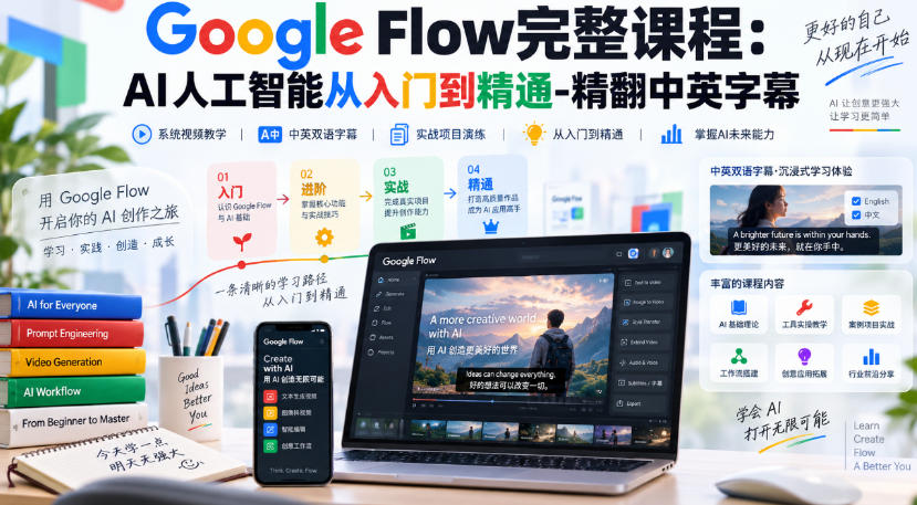 【无水印】Google Flow完整课程：AI人工智能从入门到精通-精翻中英字幕-橙心云网创