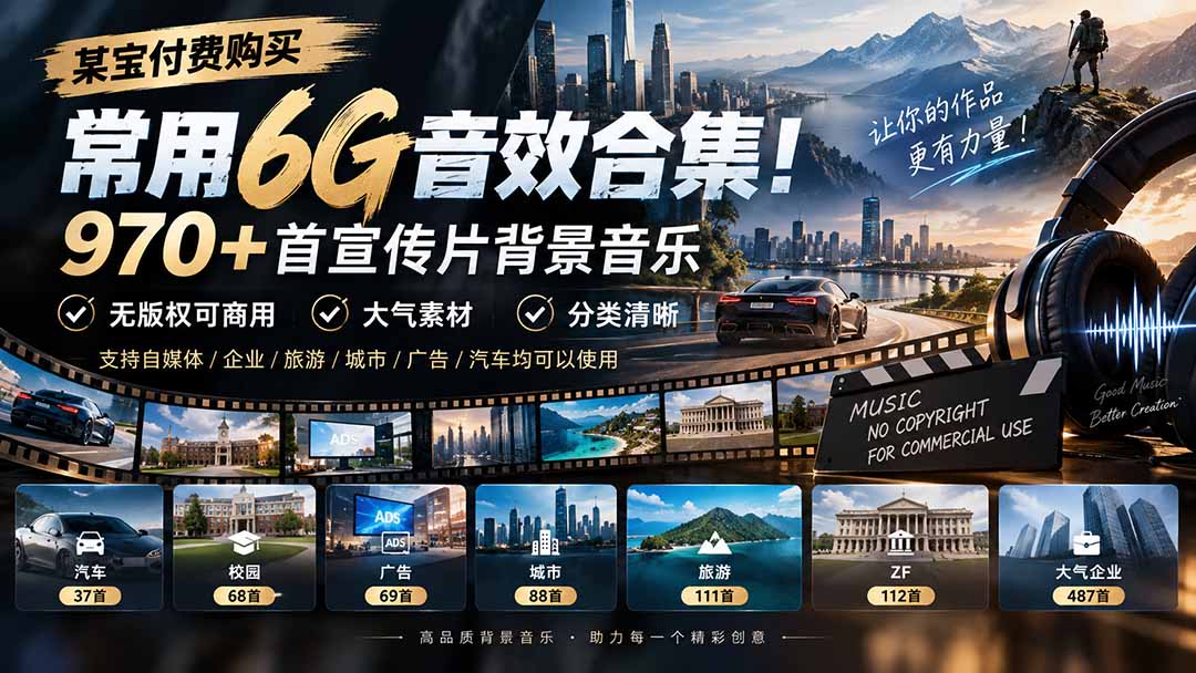 某宝付费购买,常用6G音效合集!970+首宣传片背景音乐,无版权可商用大气素材,分类清晰-橙心云网创