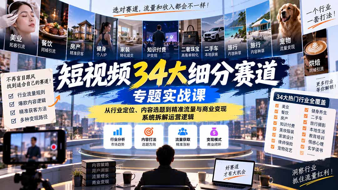 短视频34大细分赛道专题实战课：从行业定位、内容选题到精准流量与商业变现，系统拆解运营逻辑-橙心云网创