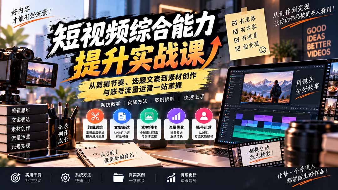 短视频综合能力提升实战课:从剪辑节奏、选题文案到素材创作与账号流量运营一站掌握-橙心云网创