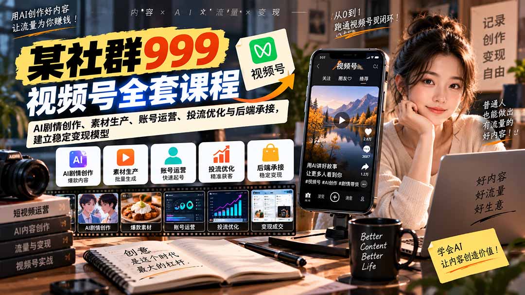 【无水印】某社群999视频号全套课程:AI剧情创作、素材生产、账号运营、投流优化与后端承接,建立稳定变现模型-橙心云网创