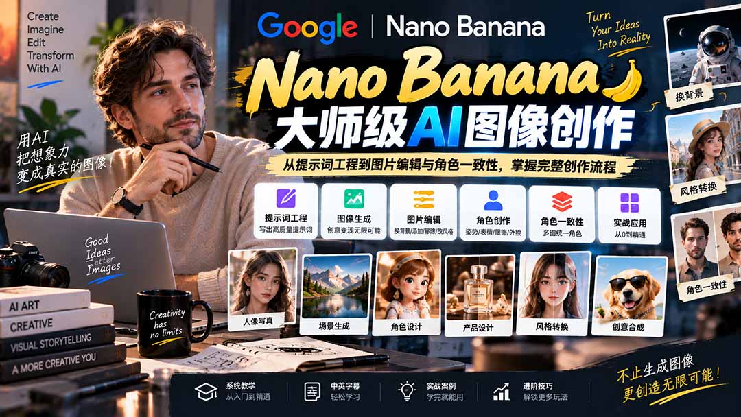 【无水印】Nano Banana大师级AI图像实战课:从提示词工程到图片编辑与角色一致性,掌握完整创作流程-橙心云网创